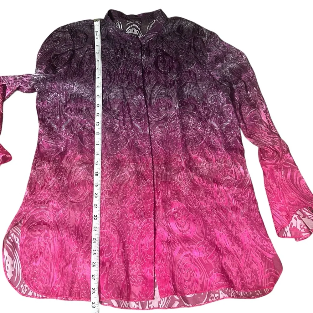 Elie Tahari Silk Blend Ombre Blouse Pink Purple Paisley Sheer Tunic Top
